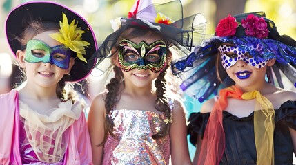 Obraz premium Children's Masquerade Party Clothing Styles: Whimsical Costume Designs, Fantasy Themed Outfits, and Playful Masked Attire for Kids