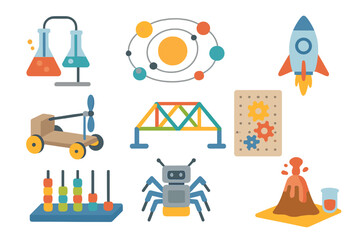 Colorful collection of science and engineering tools showcasing educational activities for children