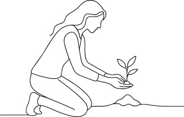 Woman Planting Young Seedling Gardening Line Art