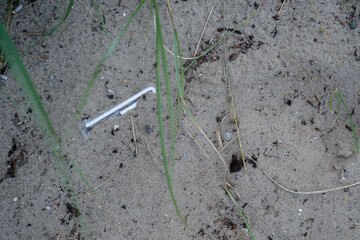 A still wrapped and unused straw lies on the beach among the grains of sand and dirt