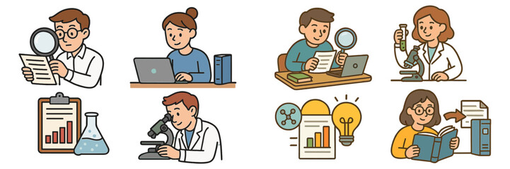Illustration of students engaged in various scientific activities at a laboratory setting during daytime