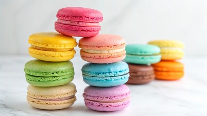 Fototapeta premium A vibrant stack of colorful macarons creates a tempting display of sweet treats isolated on a bright background