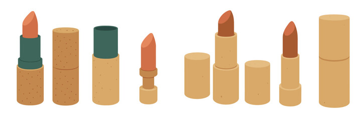Lipstick tubes displayed in eco-friendly packaging showcasing various shades on a white background