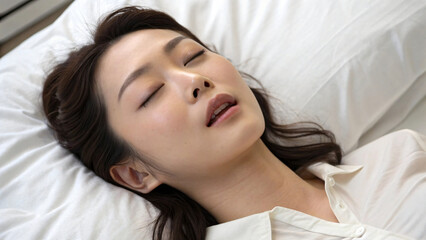 Obraz premium young Japanese businesswoman sleeping on bed after work