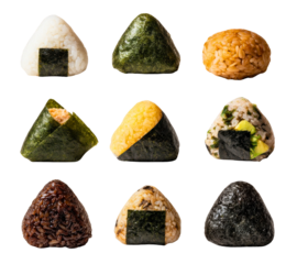 Collection of nine diverse japanese onigiri rice balls with various fillings and nori seaweed wrappers isolated on transparent background