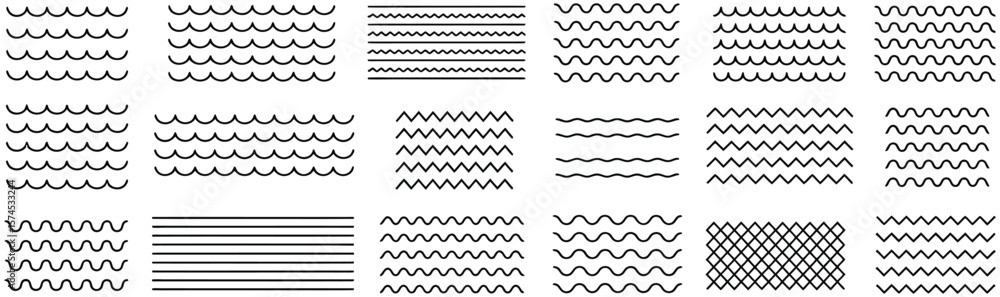 Poster line wave collection. black line wave texture. set of wave elements design.line wave zigzag element 