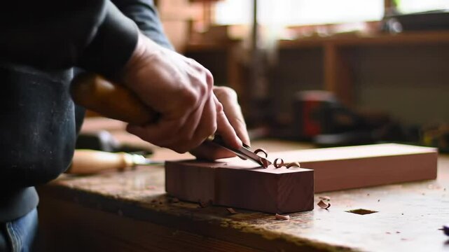 Woodworker carefully carving piece of wood with a chisel