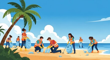 Ocean Cleanup Heroes — Volunteers Collecting Plastic on Sunny Beach