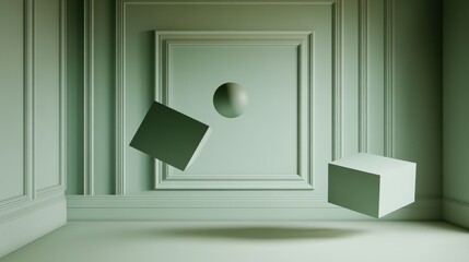 Pale green room with geometric shapes.