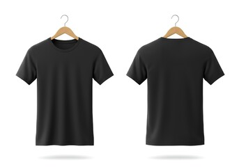 Black Short Sleeve TShirt Front & Back Views, Hanging on Wooden Hanger, Isolated White