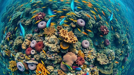 Overhead, long-exposure photograph of a vibrant reef teeming with colorful fish and corals, showcasing motion trails, in a top-down perspective