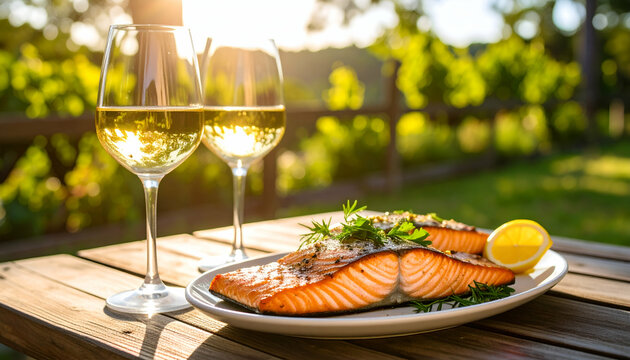 Grilled Salmon with Wine, and Sunset Dinner.