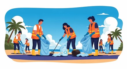 Ocean Cleanup Heroes — Volunteers Collecting Plastic on Sunny Beach