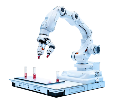Advanced white robotic arm precisely handling test tubes with red liquid in a laboratory setting isolated on transparent background - Powered by Adobe