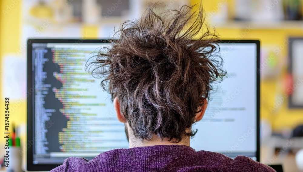 Poster a person with messy hair is intensely focused on coding displayed on a large computer screen in a br