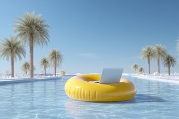 3D render of a yellow inflatable ring with a laptop floating in a pool surrounded by palm trees, remote work vacation concept