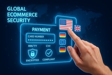 Global ecommerce security payment compliance encrypted card number international flags hand...