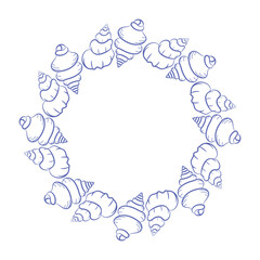 Circular wreath made of spiral cone seashells in detailed outline style. Marine frame for coastal branding, packaging, or beach wedding stationery.