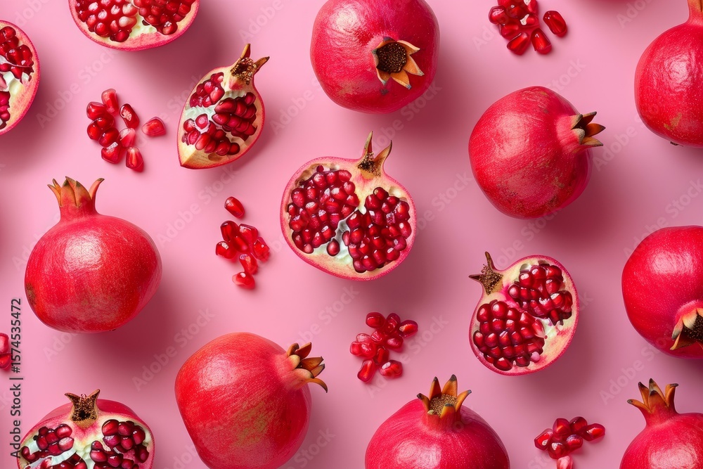 Aufkleber pattern of whole and halved pomegranates with scattered seeds, creating a vibrant display on a pink 