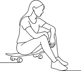 Young Woman Sitting on Skateboard Minimalist Line Drawing