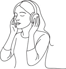 Young Woman Listening to Music with Headphones Line Art