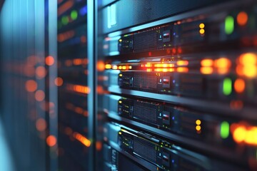 Data servers with glowing red and green lights in a dark futuristic data center, perfect for illustrating cybersecurity, AI infrastructure, or high-speed cloud networking