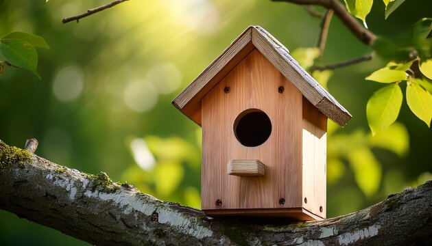 a birdhouse is perched on a tree branch - Powered by Adobe