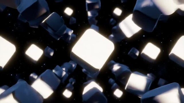 Dark space filled with numerous illuminated, floating, rectangular prisms