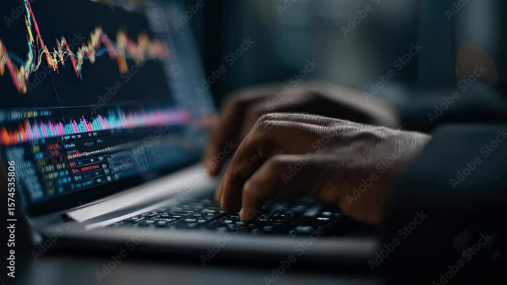 Poster closeup of hands analyzing financial charts and graphs on a laptop highlighting the integration of t