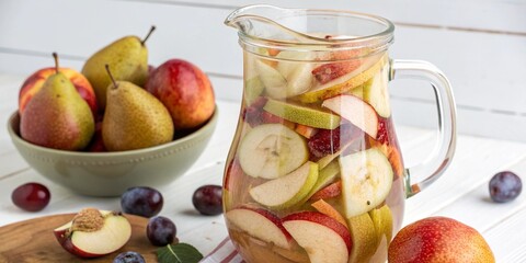 Compote of fresh fruits (apples, pears, plums) in a glass jar with fruit in it.