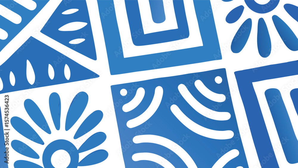 Poster a blue and white geometric pattern with squares triangles and floral shapes creating a tile design l