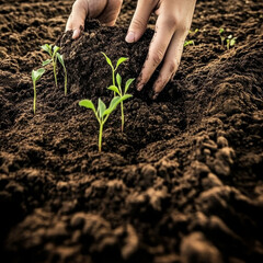 Hands gently place soil around new green shoots. Nurturing growth and sustainable agriculture.