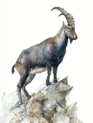 Wild alpine ibex balancing on jagged rocky mountain peak with cool gray brown fur against white background