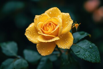 Golden Dewdrop Rose: A Close-Up Macro Photography of a Yellow Rose with Water Droplets