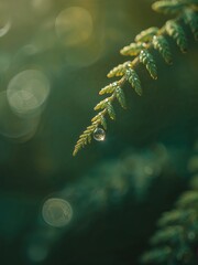 Close up of a fern frond with water droplets hanging from the tips against a blurred green background