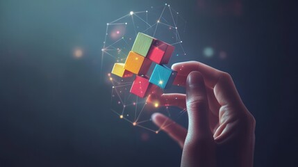 Interconnected Colorful Blocks Held in Hands, Digital Innovation Concept