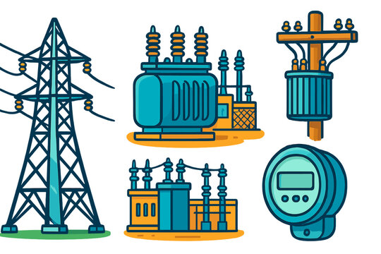Illustration of electrical infrastructure components including power lines, transformers, and meters in an industrial setting