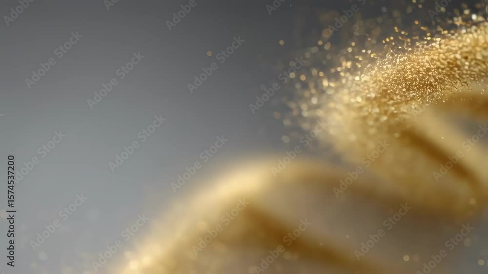 Poster golden particles swirling and creating a spiral shape on a gray background, with a bokeh effect crea
