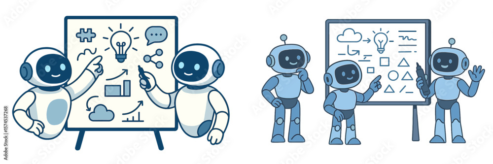 Poster robots engaging in a lively discussion by a presentation board in a bright, modern workspace setting