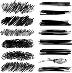 Naklejka premium A diverse set of hand-drawn vector grunge elements. Includes diagonal scribbles, hatching, and bold brush strokes. Isolated graphics for modern artistic designs.