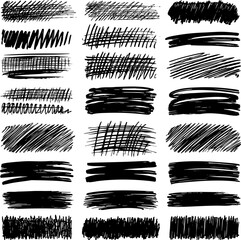 A diverse set of hand-drawn vector grunge textures. Features various hatching, scribbles, and brush strokes. Toolkit for creative design projects.