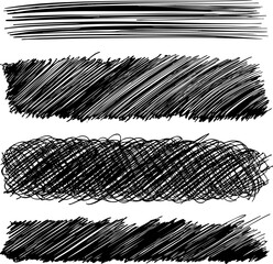 A set of hand-drawn vector grunge banners and dividers. Features horizontal hatching and scribble textures. Isolated graphics for modern artistic designs and backgrounds.