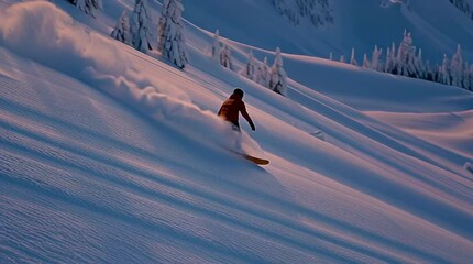 A snowboarder carves down a snowy mountain slope, a thrilling display of winter sports