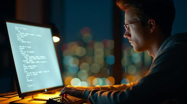 a person deeply concentrated while working on computer code at night