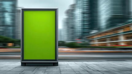 Bright green billboard stands amid urban landscape with blurred city motion during daylight