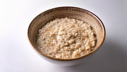 oatmeal in ceramic bowl swirled center on white table