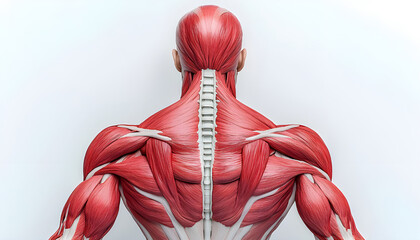 Detailed anatomical model of human back muscles, illustrating musculature for science, biology education