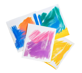 Three colorful abstract pastel drawings of broad brush strokes in blue orange green pink and yellow on white paper isolated on transparent background