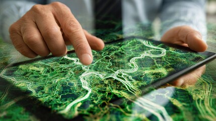 Close-Up of Businessman Using Digital Tablet with Detailed Green Satellite Map and River Network Display for Environmental Planning
