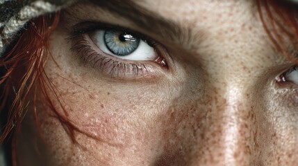 Close-up of a hyper-realistic AI-generated human face with symmetrical features and cold lighting in a studio setting